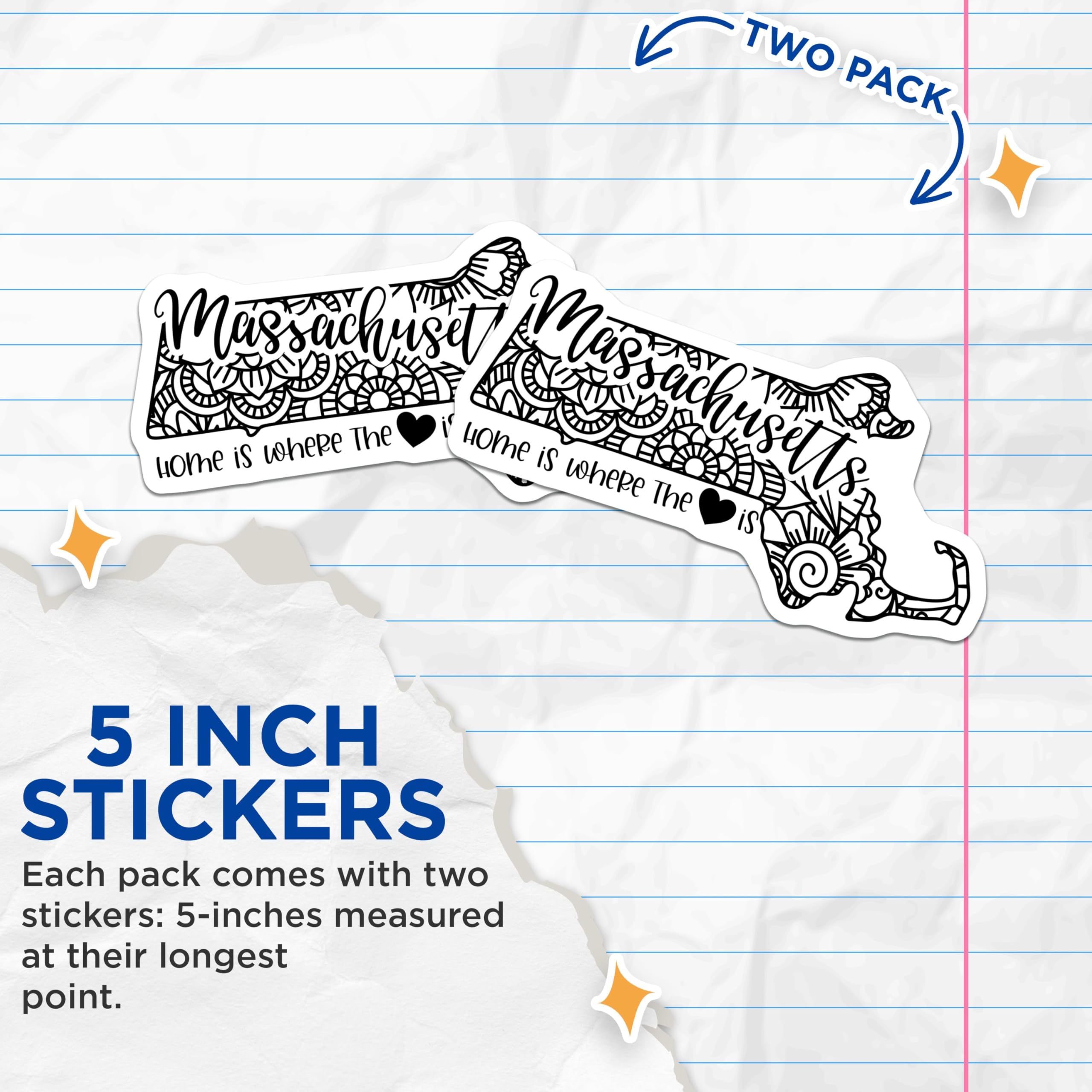 (2 Pack) Massachusetts State Stickers - Home is Where The Heart is - Mandala Art Decal - 5" On Longest Side - Sticks to Smooth Flat Surfaces - Made in USA - BMCS9069