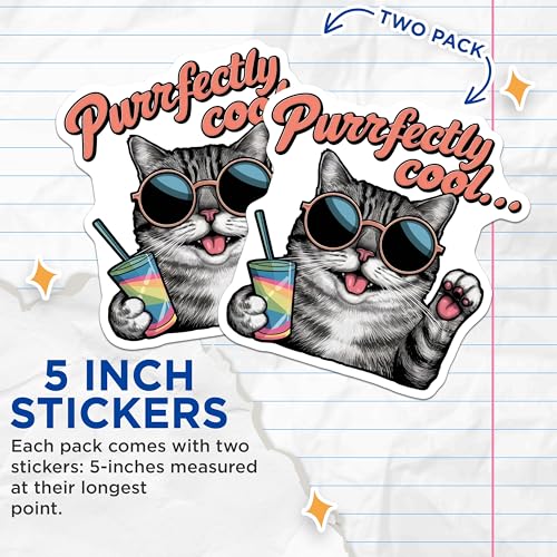(2 Pack) Purrfectly Cool Cat Stickers - Cool Cat Art - 5" On Longest Side - Sticks to Smooth Flat Surfaces - Made in USA - BMCS9162 - BMCS9162