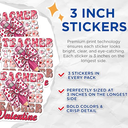 (3 Pack) Teacher Valentine Decals - Heart Pencil - Valentines Day Teacher - 3 Inches On Longest Side - Easy Peel & Apply - Made in USA - 3MCS6413