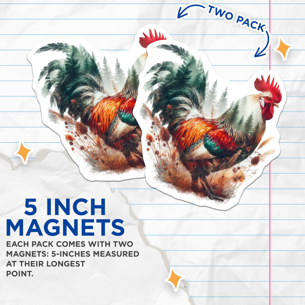 (2 Pack) Rooster Magnets - Forest Animal Magnet - Farmhouse Kitchen Decor - 5" On Longest Side - Premium Magnet - for Cars, Refrigerators, Toolboxes, Lockers - Made in USA - MAG15220