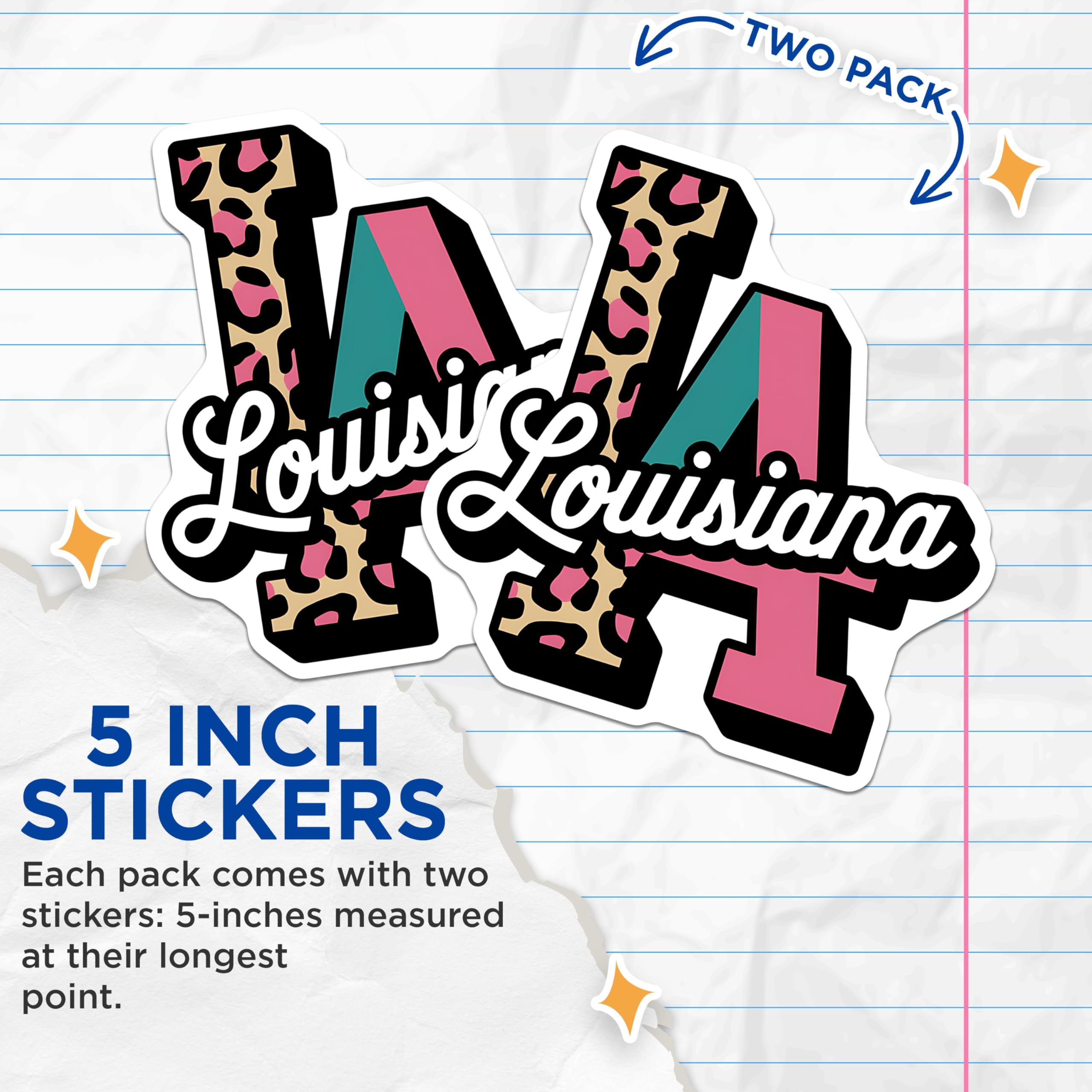 (2 Pack) Louisiana Stickers - Leopard Print Stickers - Cute Southern State Decals - 5" On Longest Side - Sticks to Smooth Flat Surfaces - Made in USA - BMCS3904
