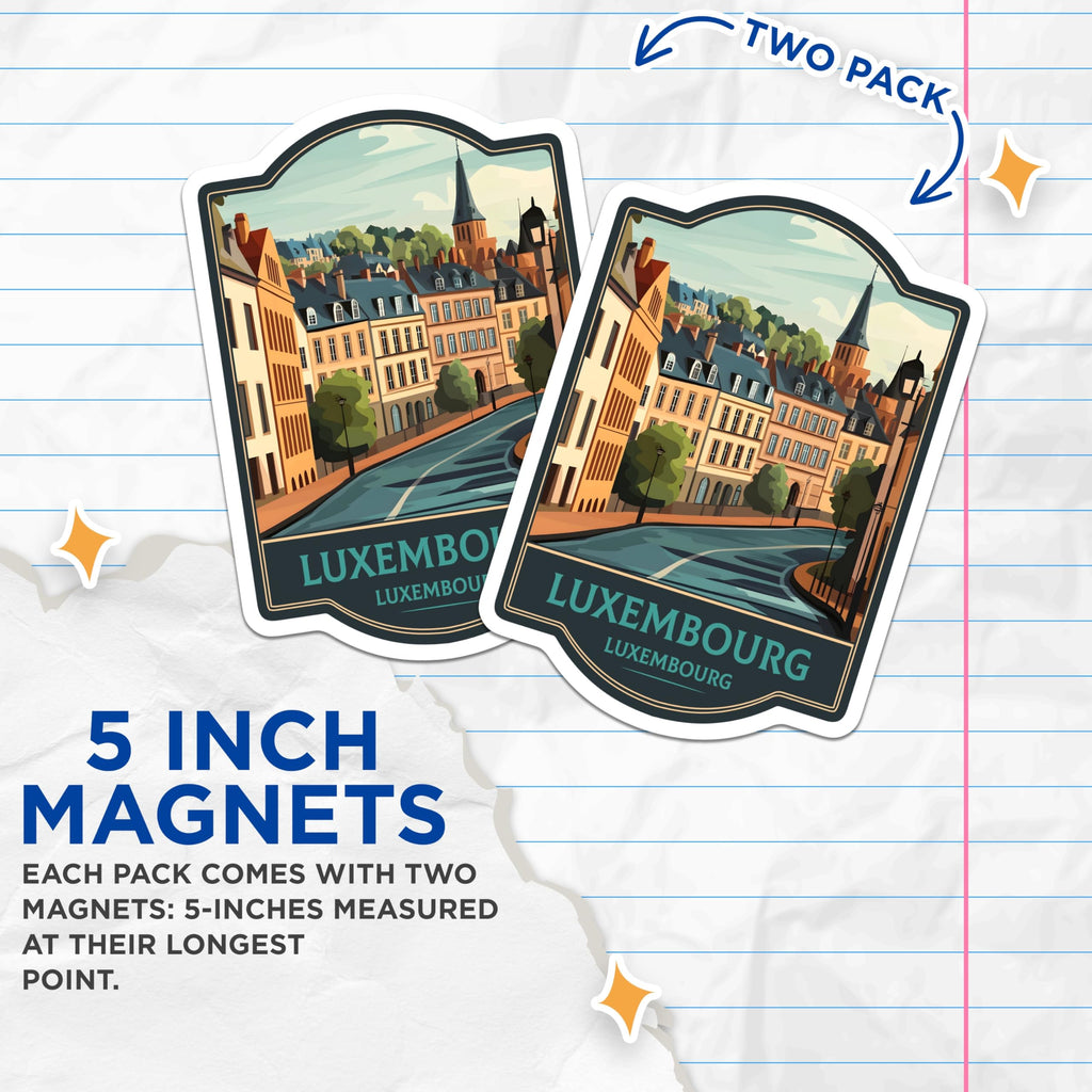 (2 Pack) Luxembourg City Magnets - Grand Duchy Europe Travel Souvenir - Historic Architecture Scene - Vintage Art Display - 5 Inches On Longest Side - Thick Durable Magnet - Made in USA - MAG23158