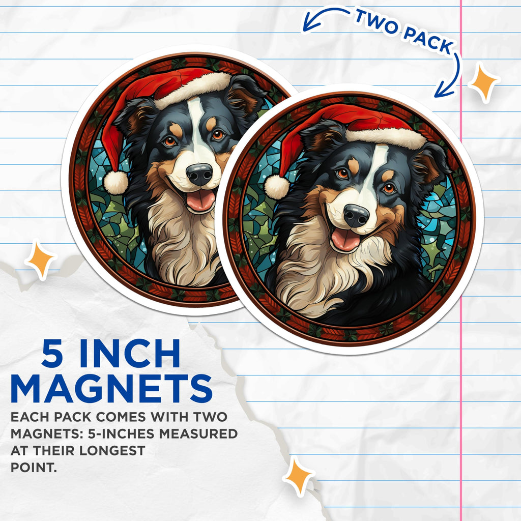 (2 Pack) Australian Shepherd Christmas Dog Magnets - Stained Glass Art Pet Lover - Festive Holiday Kitchen Decor - 5 Inches On Longest Side - Thick Durable Magnet - Made in USA - MAG28281