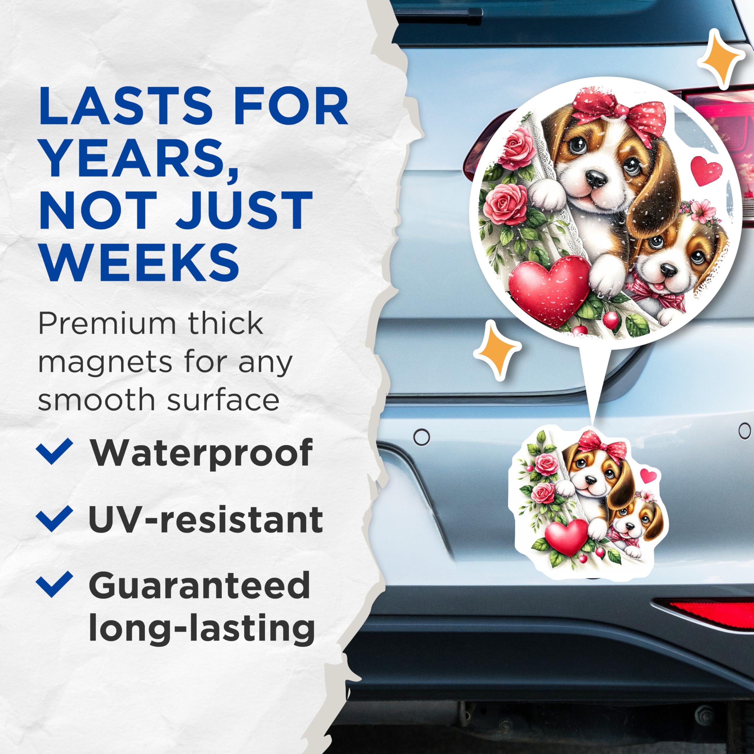 (2 Pack) Beagle Puppy Magnets - Cute Dog Illustration - Floral and Hearts Magnets - 5" On Longest Side - Premium Magnet - for Cars, Refrigerators, Toolboxes, Lockers - Made in USA - MAG14152
