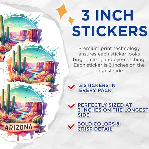 (3 Pack) Arizona Decals - Cactus Stickers - Desert Landscape Decal- 3 Inches On Longest Side - Easy Peel & Apply - Made in USA - 3MCS5578