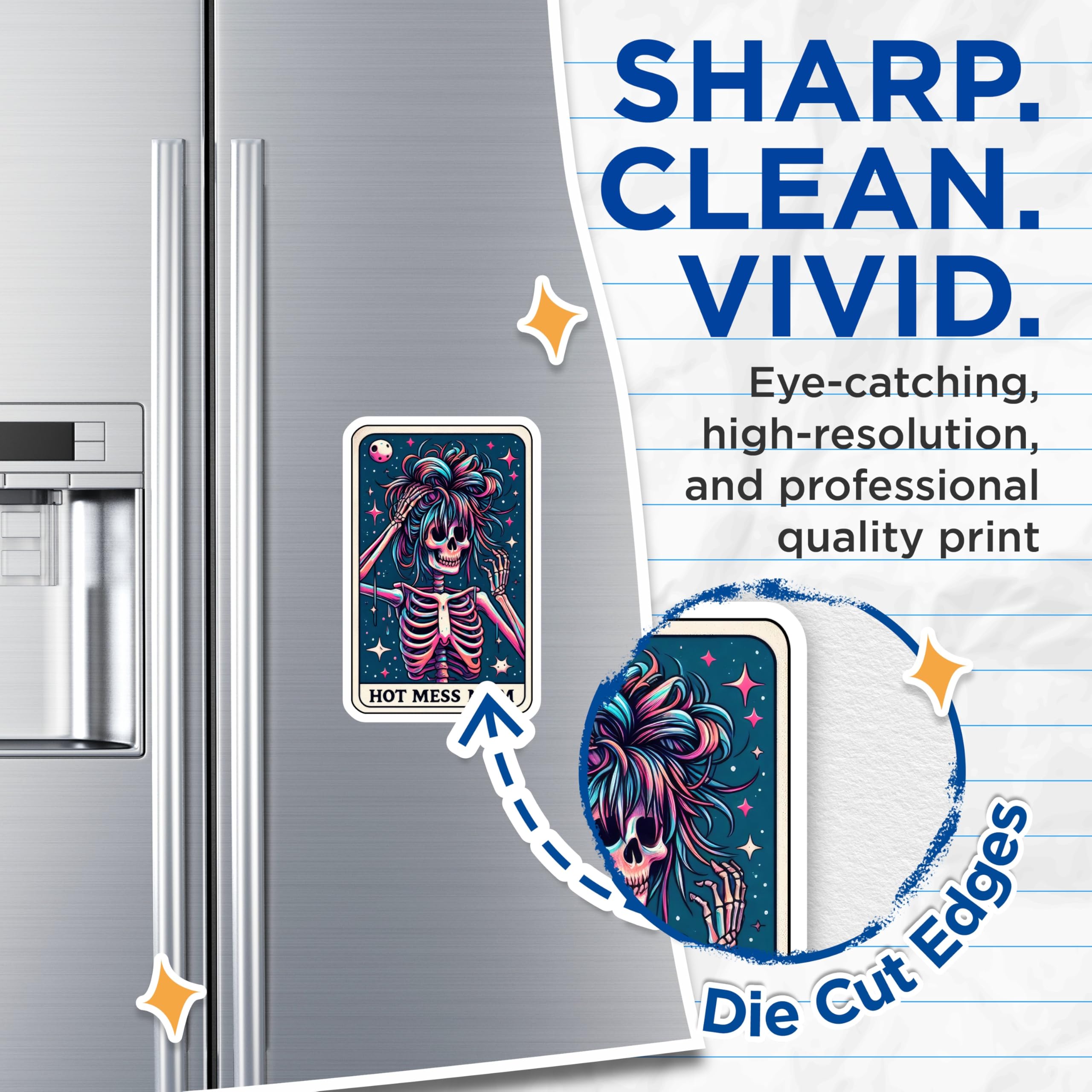 (2 Pack) Hot Mess Mom Life Skeleton Magnets - Vibrant Messy Hair - Humorous Refrigerator Decor for Her - 5 Inches On Longest Side - Thick Durable Magnet - Made in USA - MAG22804