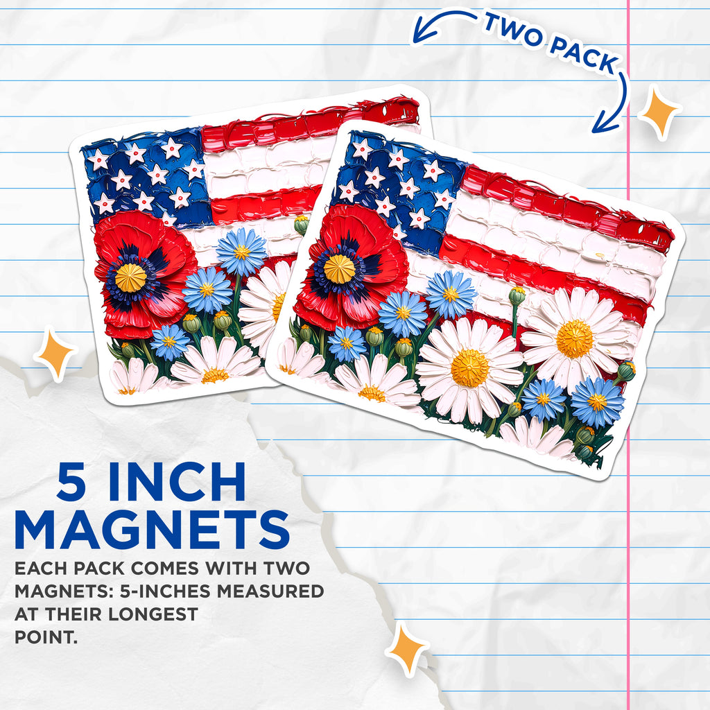 (2 Pack) American Flag Floral Magnets - Patriotic Home Decor - Fourth of July Kitchen Fridge Souvenir - Memorial Day Art - 5 Inches On Longest Side - Thick Durable Magnet - Made in USA - MAG38015
