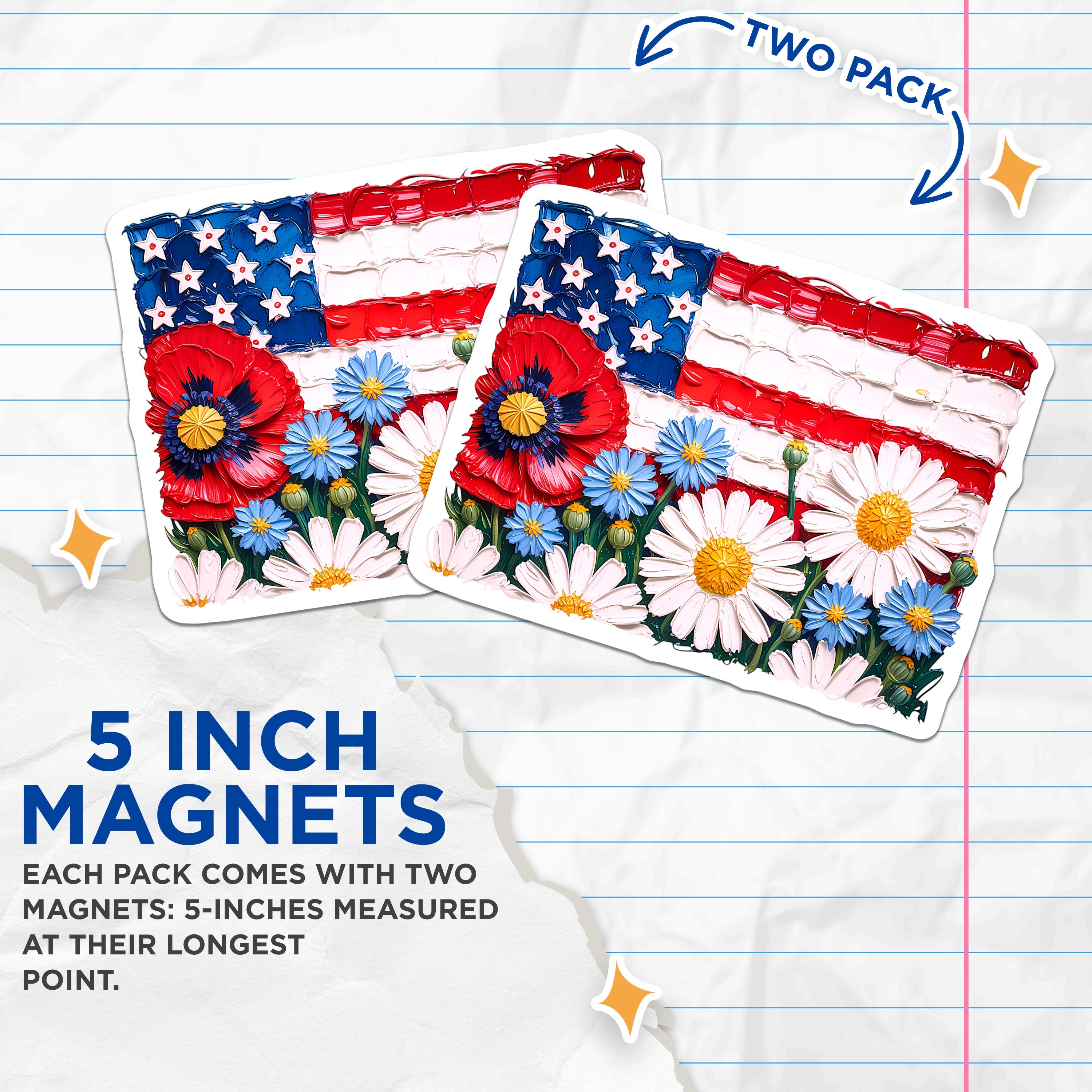 (2 Pack) American Flag Floral Magnets - Patriotic Home Decor - Fourth of July Kitchen Fridge Souvenir - Memorial Day Art - 5 Inches On Longest Side - Thick Durable Magnet - Made in USA - MAG38015