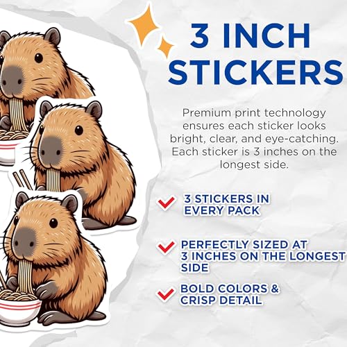 (3 Pack) Capybara Ramen Decals - Laptop Decals - Cute Animal Stickers - 3 Inches On Longest Side - Easy Peel & Apply - Made in USA - 3MCS8682