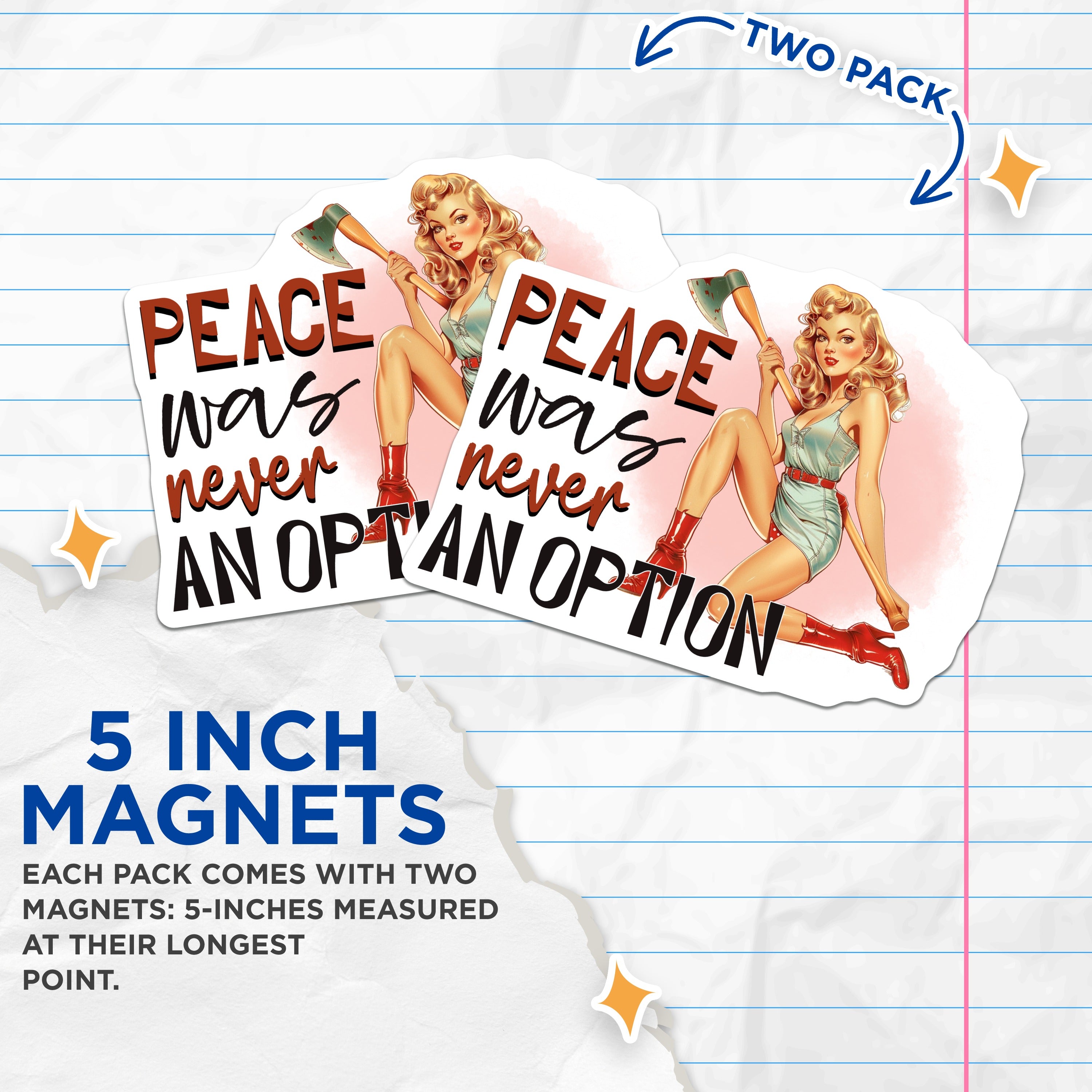 (2 Pack) Pin Up Girl Magnets - Peace was Never an Option - Retro Dark Humor - Vintage Aesthetic Refrigerator Accent - 5 Inches On Longest Side - Thick Durable Magnet - Made in USA - MAG36894