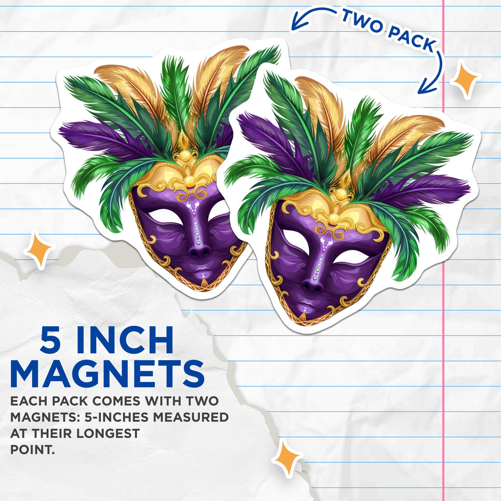 (2 Pack) Mardi Gras Mask Magnets - Masquerade Party Accent - New Orleans Festival Souvenir - Purple Green Gold Feather Display - 5" - Thick Durable Magnet - Made in USA - MAG39408
