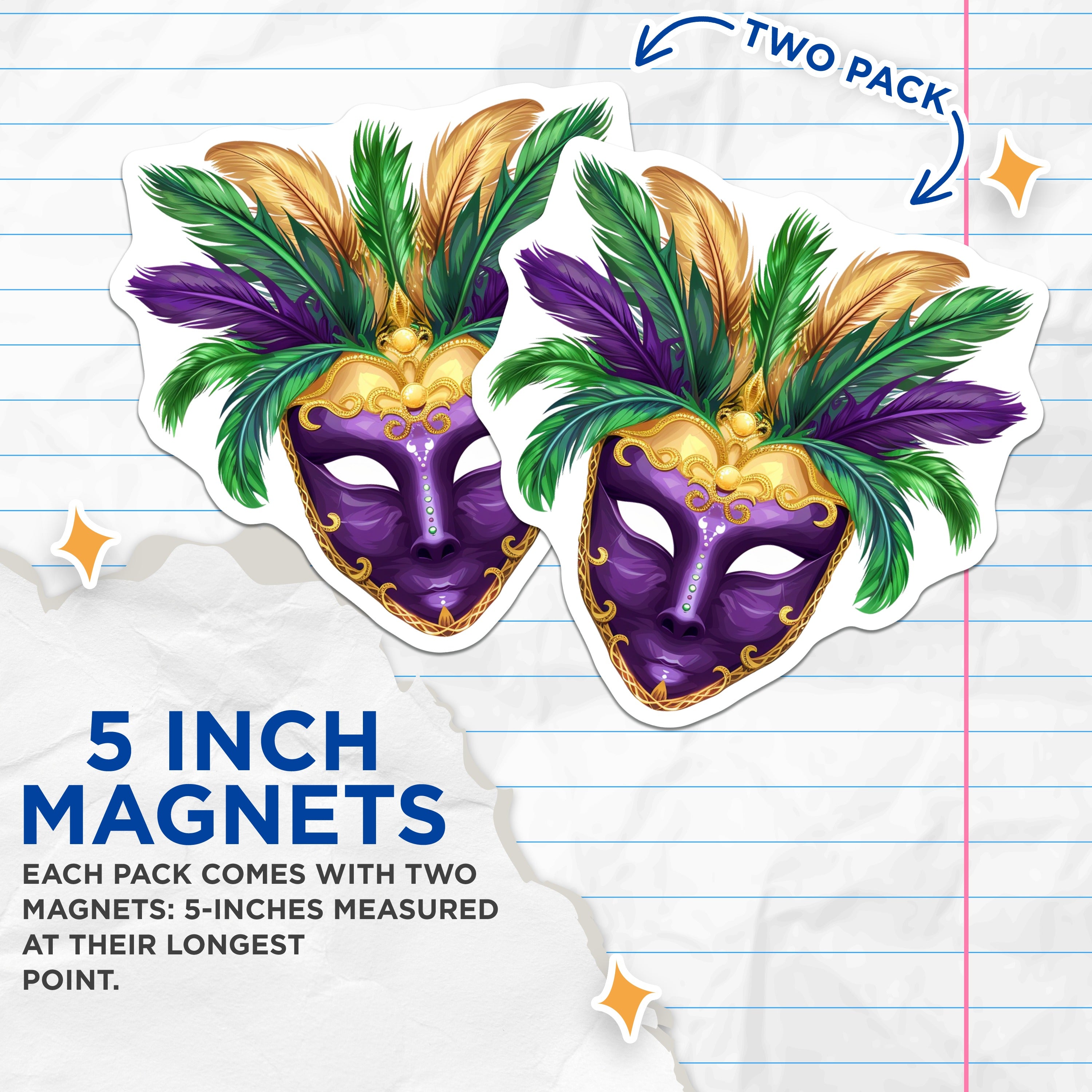 (2 Pack) Mardi Gras Mask Magnets - Masquerade Party Accent - New Orleans Festival Souvenir - Purple Green Gold Feather Display - 5" - Thick Durable Magnet - Made in USA - MAG39408