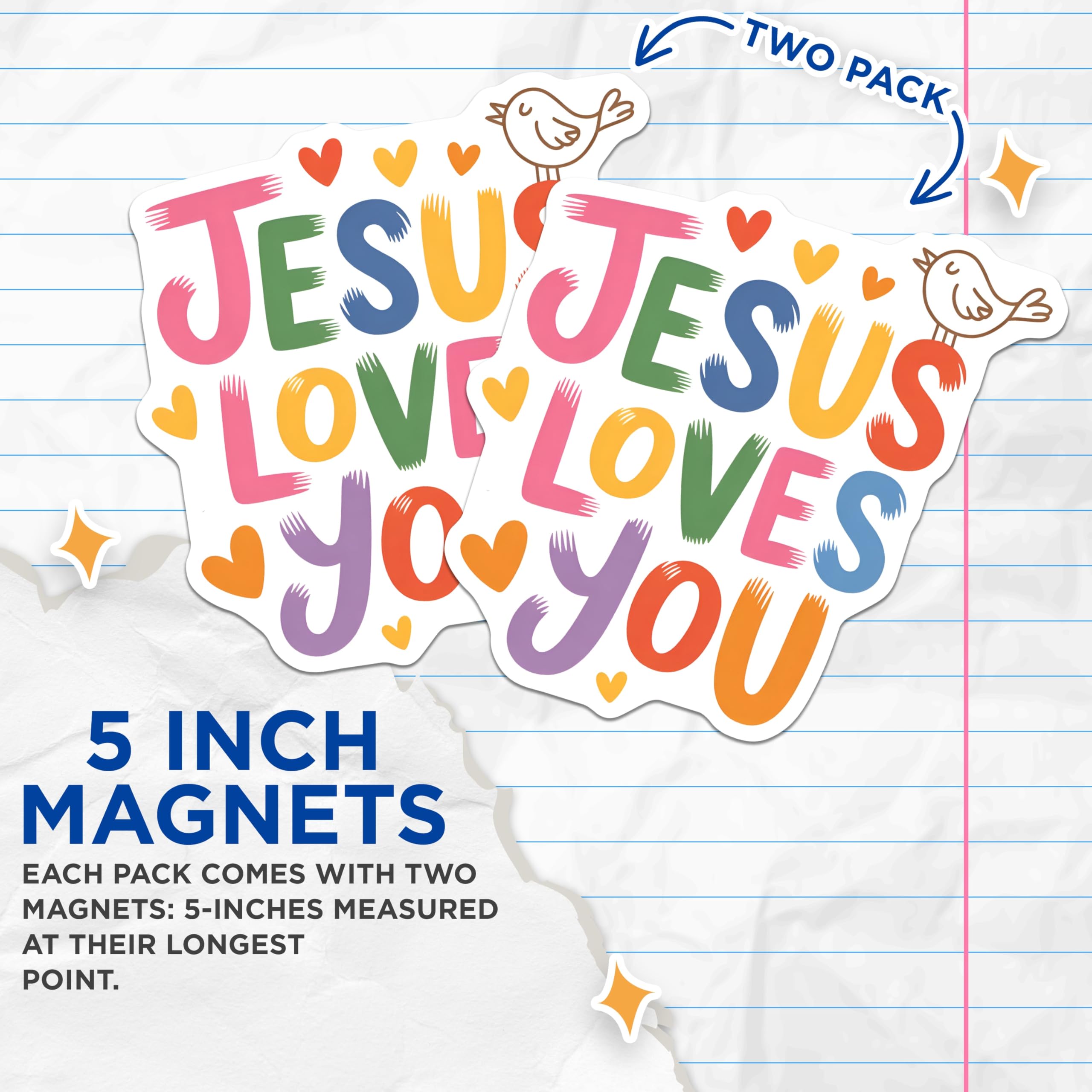 (2 Pack) Jesus Loves You Magnets - Christian Faith Decor - Inspirational Love Message - 5 Inches On Longest Side - Thick Durable Magnet - Made in USA - MAG21764