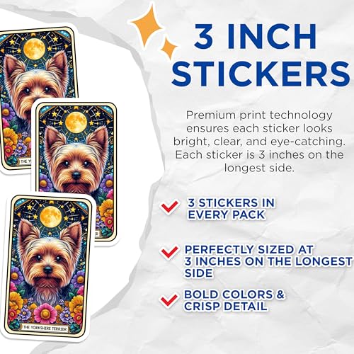 (3 Pack) Yorkshire Terrier Decals - Tarot Card Art - Dog Breed Sticker - 3 Inches On Longest Side - Easy Peel & Apply - Made in USA - 3MCS4340