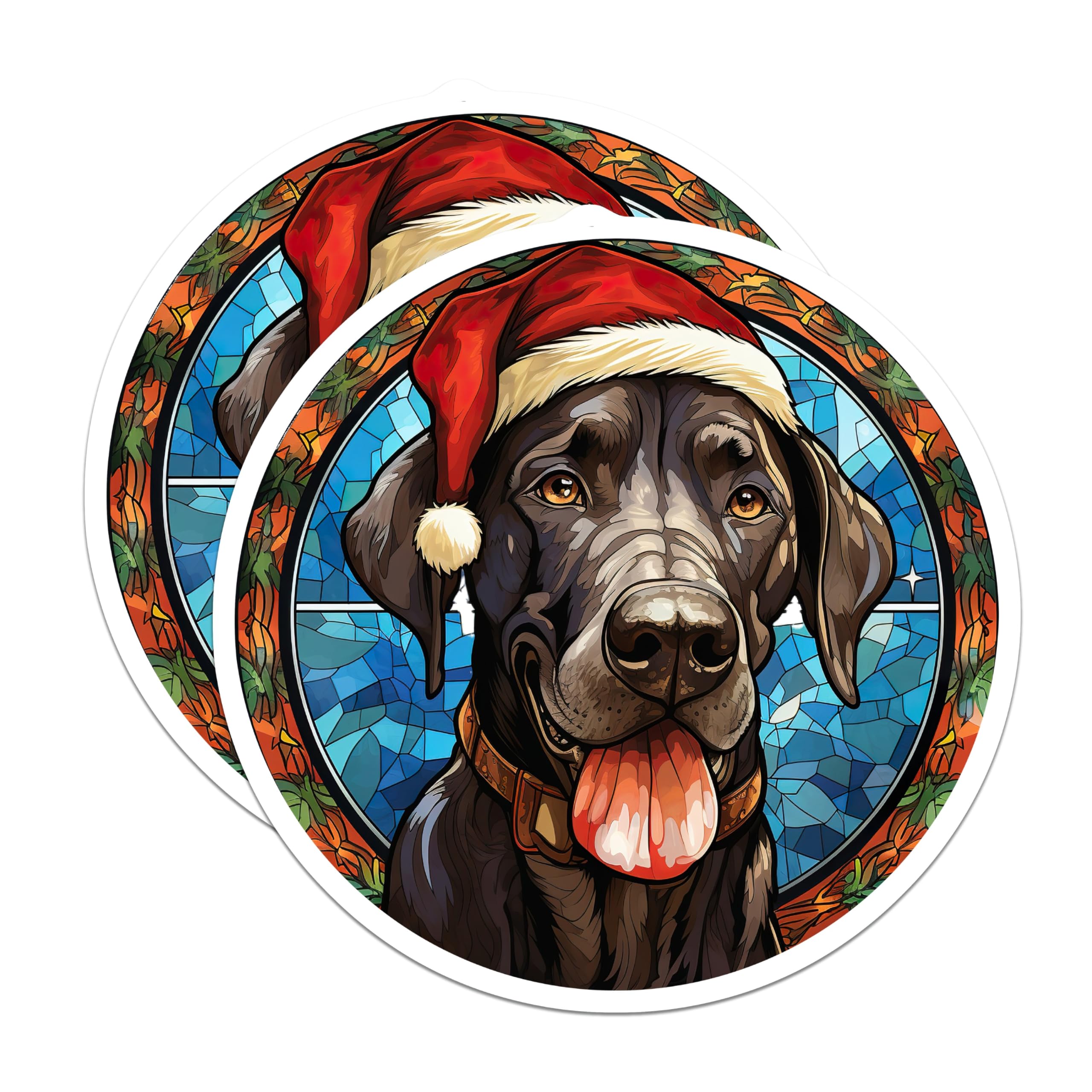 (2 Pack) Christmas Labrador Magnets - Stained Glass Dog Art - Santa Hat Canine Decor - Festive Pet Fridge Magnets - 5 Inches On Longest Side - Thick Durable Magnet - Made in USA - MAG24724