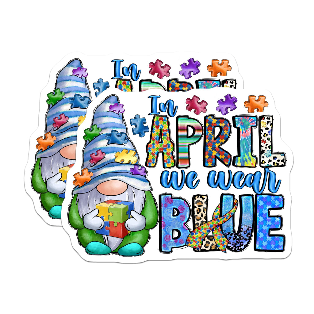 (2 Pack) Autism Awareness Magnets - Gnome Puzzle Ribbon - April We Wear Blue - 5 Inches On Longest Side - Thick Durable Magnet - Made in USA - MAG27157