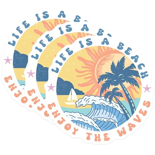 (3 Pack) Life is a Beach Decals - Enjoy The Waves - Laptop Decal - Summer Vibes- 3 Inches On Longest Side - Easy Peel & Apply - Made in USA - 3MCS5757