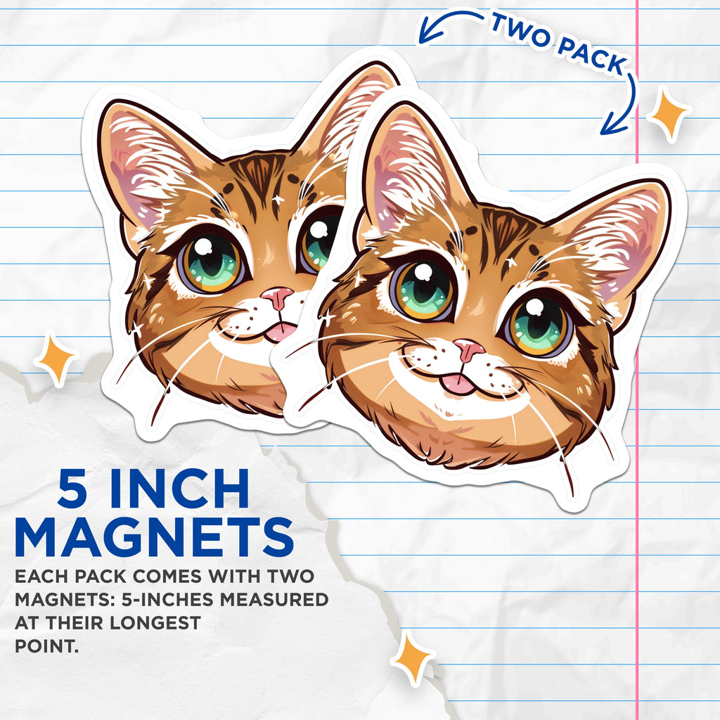 (2 Pack) Kawaii Cat Magnets - Cute Anime Kitten Face - Pet Lover Fridge Locker Decor - 5 Inches On Longest Side - Thick Durable Magnet - Made in USA - MAG38429