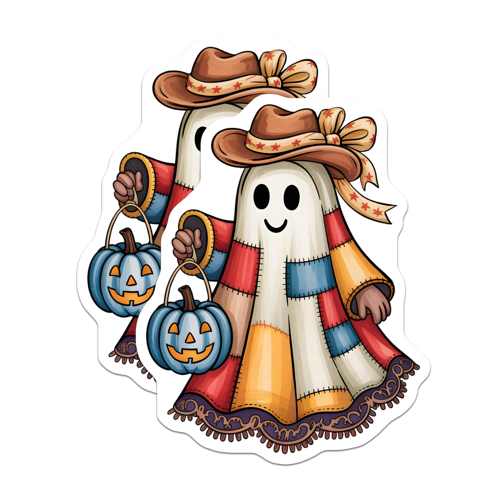 (2 Pack) Rustic Halloween Ghost Magnets - Cowboy Patchwork Spirit - Pumpkin Pail Design - Fall Autumn Home Kitchen Decor - 5 Inches On Longest Side - Thick Durable Magnet - Made in USA - MAG20428