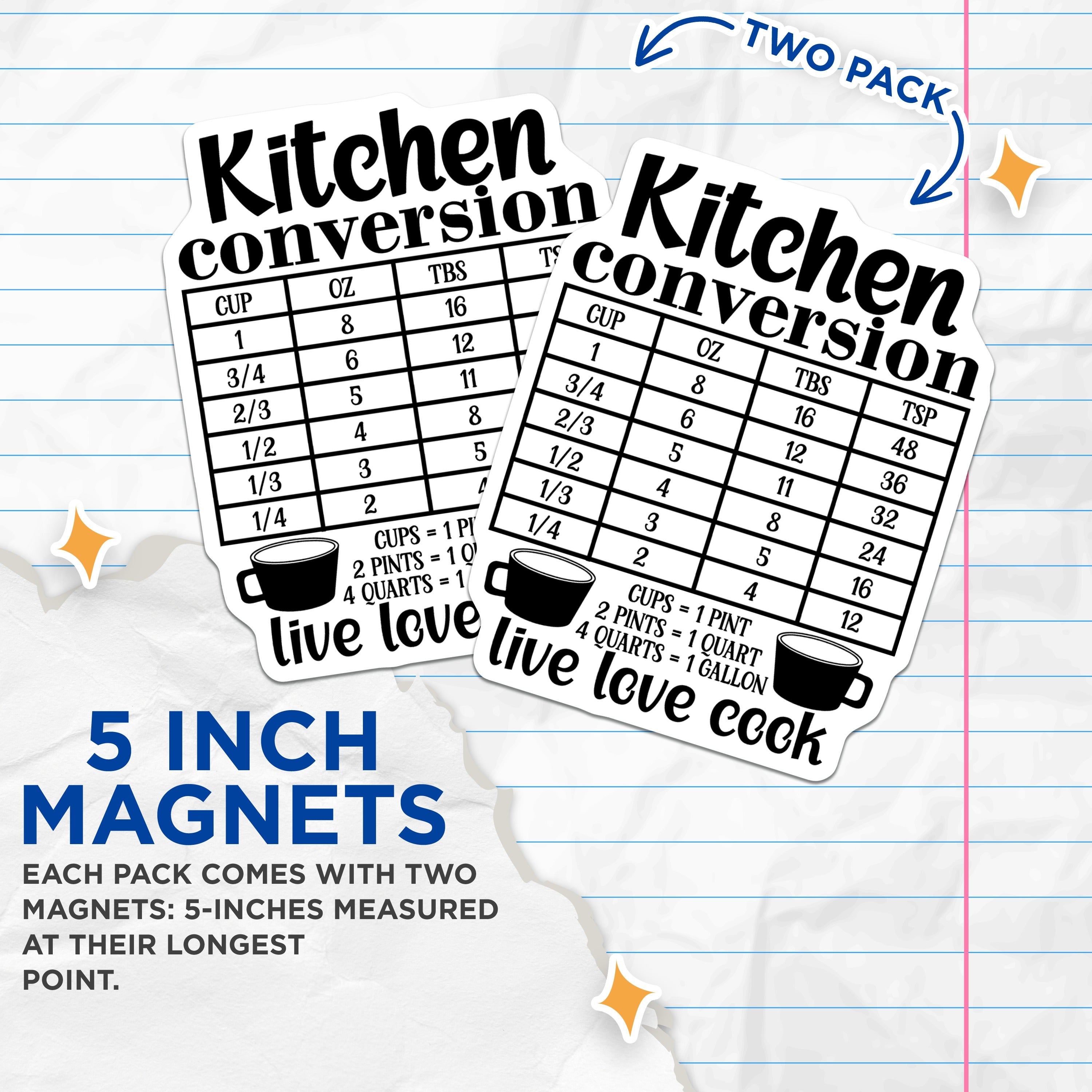 (2 Pack) Kitchen Conversion Chart Magnets - Recipe Measurement Guide - Live Love Cook Refrigerator Decor - 5 Inches On Longest Side - Thick Durable Magnet - Made in USA - MAG36017