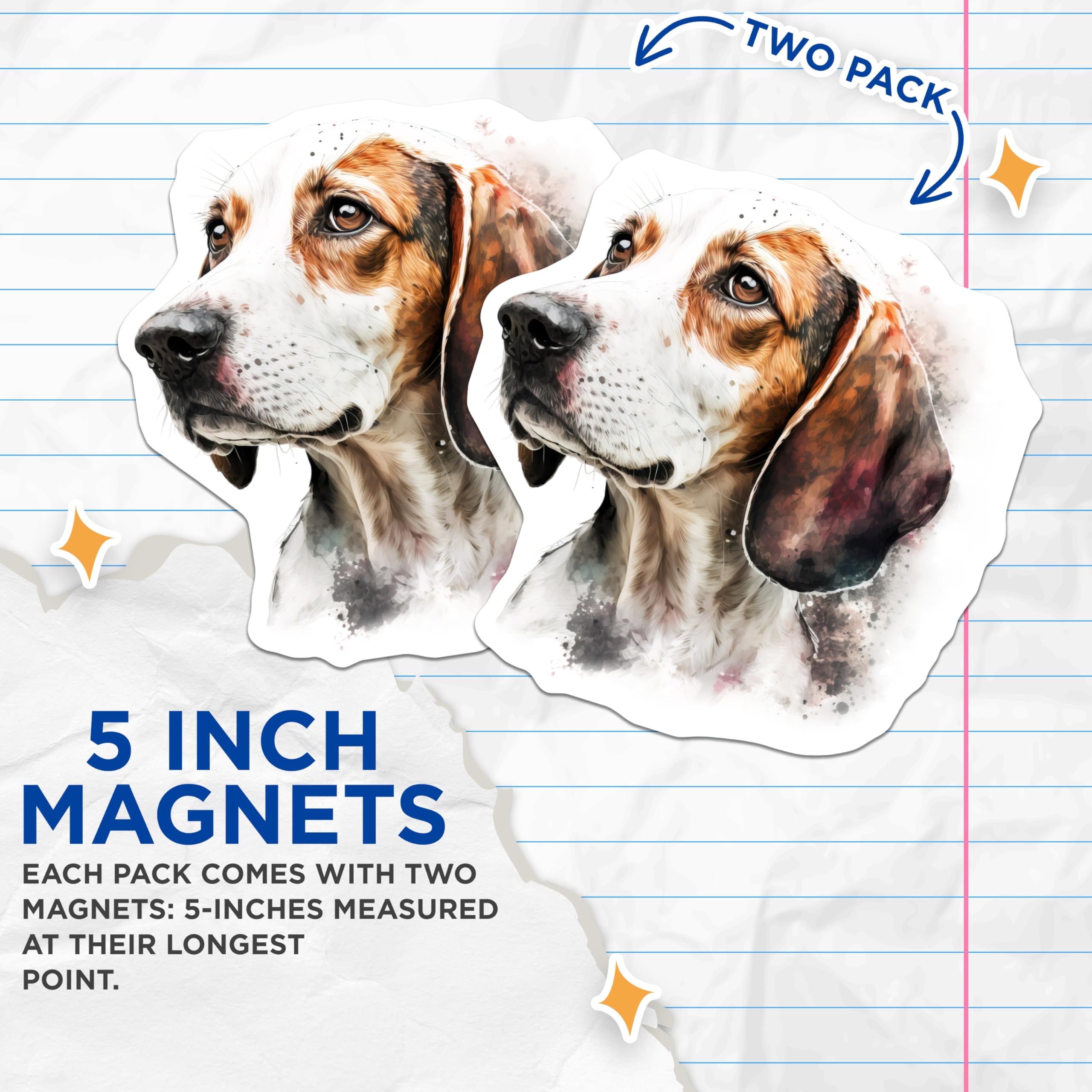 (2 Pack) Watercolor Beagle Hound Magnets - Dog Lover Decor - Pet Owner Kitchen Art - 5 Inches On Longest Side - Thick Durable Magnet - Made in USA - MAG26527