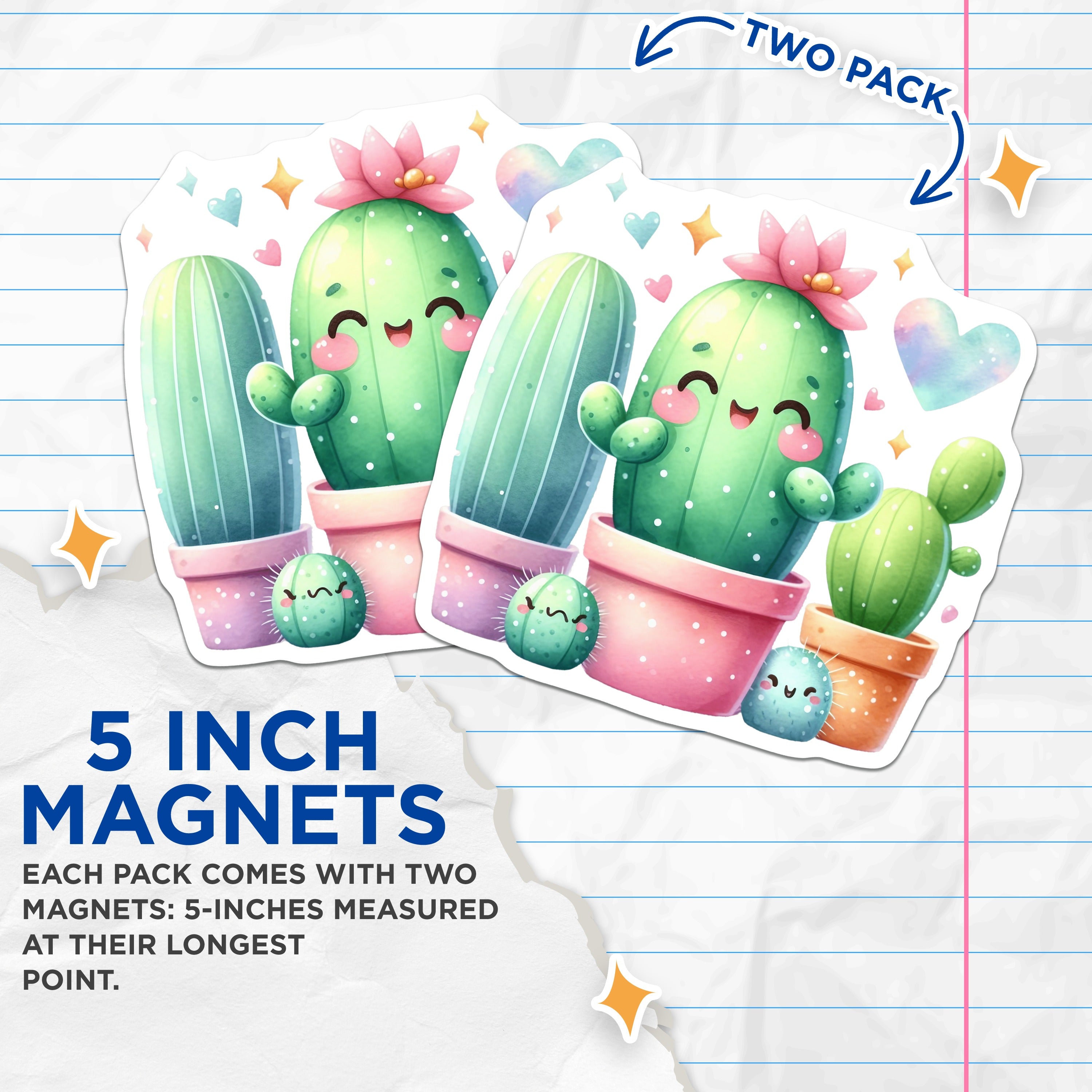(2 Pack) Cute Cactus Magnets - Kawaii Succulent Decor - Happy Plant Refrigerator Art - 5 Inches On Longest Side - Thick Durable Magnet - Made in USA - MAG36963