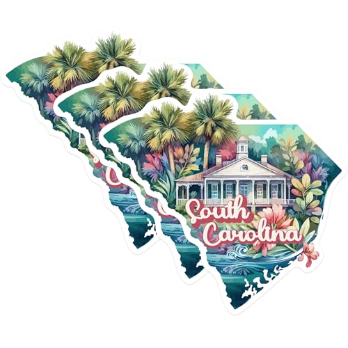 (3 Pack) South Carolina Decals - Watercolor State Art - Palmetto State Decal - 3 Inches On Longest Side - Easy Peel & Apply - Made in USA - 3MCS0162