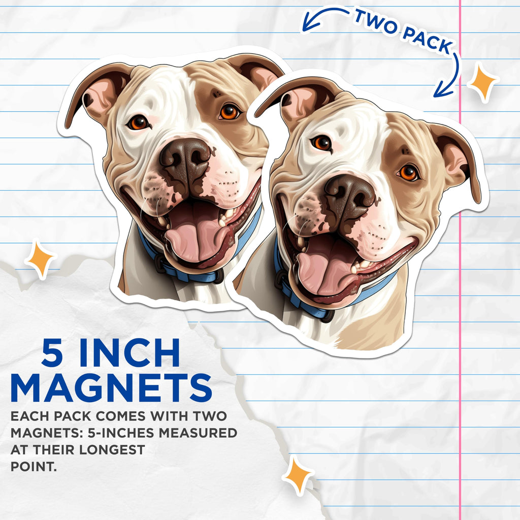 (2 Pack) Smiling Pitbull Dog Magnets - Dog Mom Dad Kitchen Decor - Pet Parent Refrigerator Art - 5 Inches On Longest Side - Thick Durable Magnet - Made in USA - MAG25538
