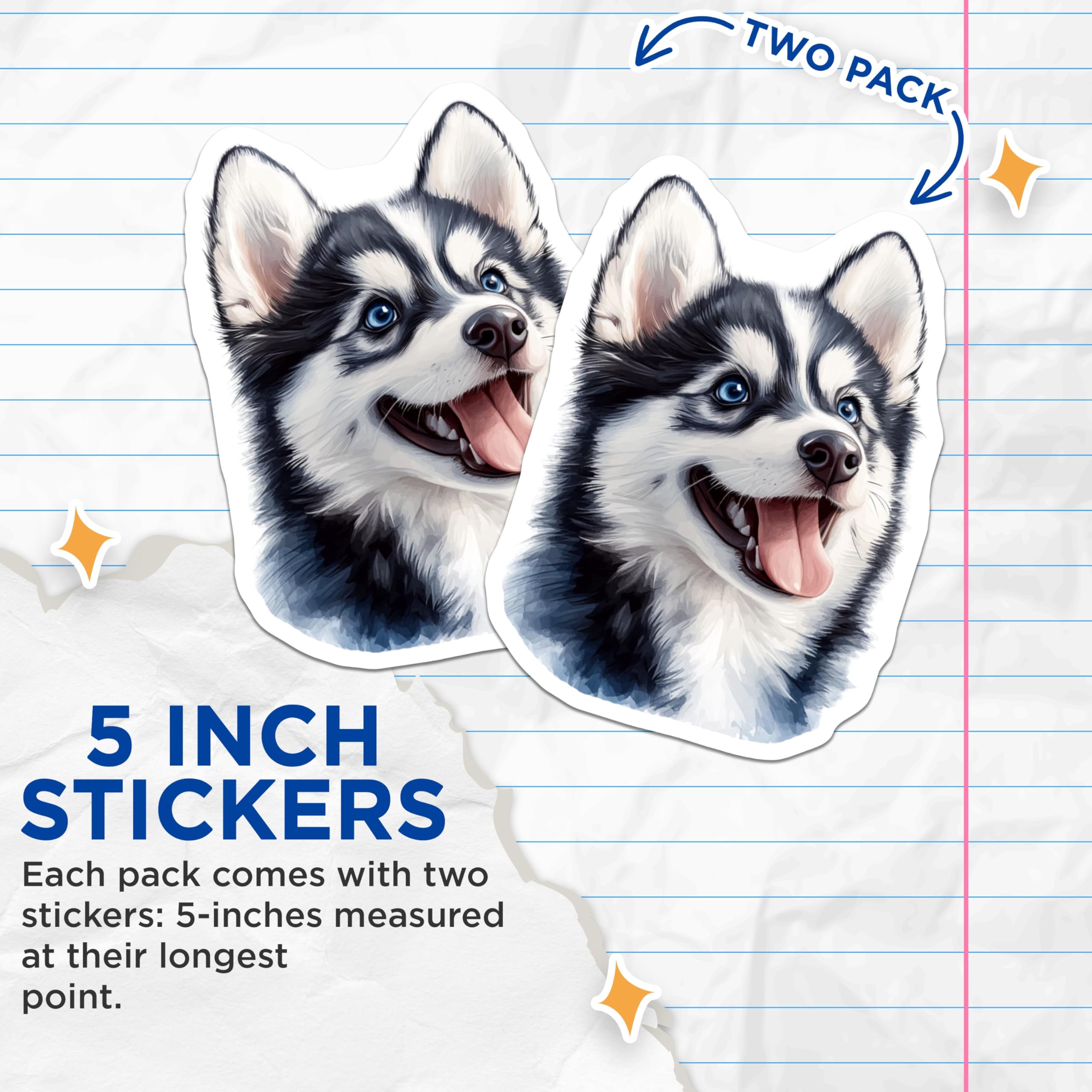 (2 Pack) Husky Stickers - Dog Stickers - Animal Stickers - Pet Stickers- 5" On Longest Side - Sticks to Smooth Flat Surfaces - Made in USA - BMCS16295