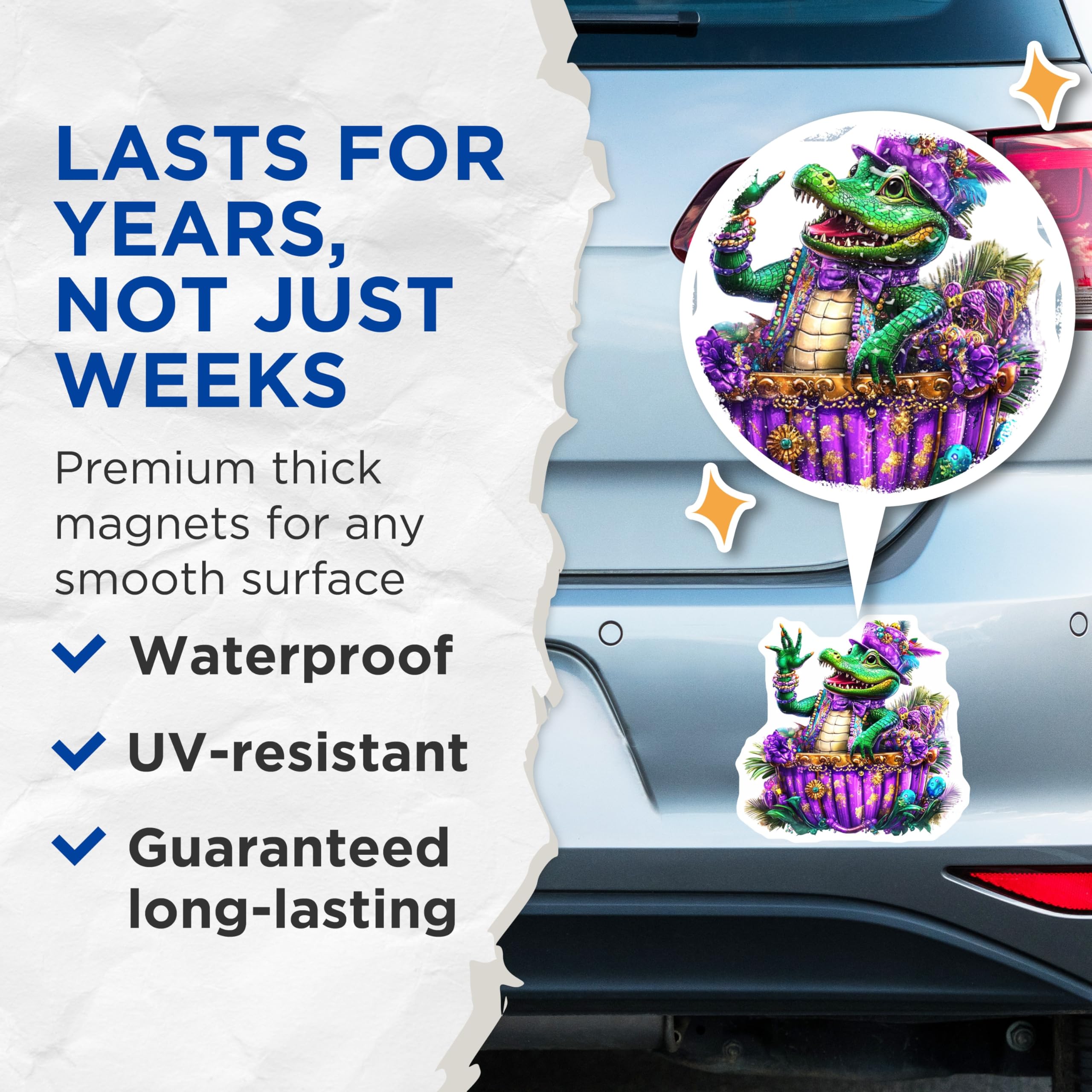 (2 Pack) Mardi Gras Gator Magnets - Decorative Magnets - Fridge Magnets - 5" On Longest Side - Premium Magnet - for Cars, Refrigerators, Toolboxes, Lockers - Made in USA - MAG14347