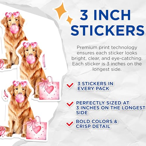 (3 Pack) Golden Retriever Decals - Heart Glasses Dog - Bubble Gum Laptop Decals - 3 Inches On Longest Side - Easy Peel & Apply - Made in USA - 3MCS2256