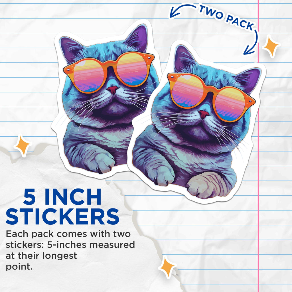 (2 Pack) Cool Cat Stickers - Cat with Sunglasses Stickers - Fun and Colorful Cat Decal - 5" On Longest Side - Sticks to Any Smooth Flat Surface - Made in USA - BMCS3578