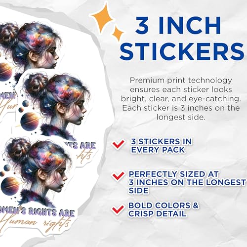 (3 Pack) Women's Rights Decals - Human Rights - Space Galaxy Girl Laptop Decal - 3 Inches On Longest Side - Easy Peel & Apply - Made in USA - 3MCS7804