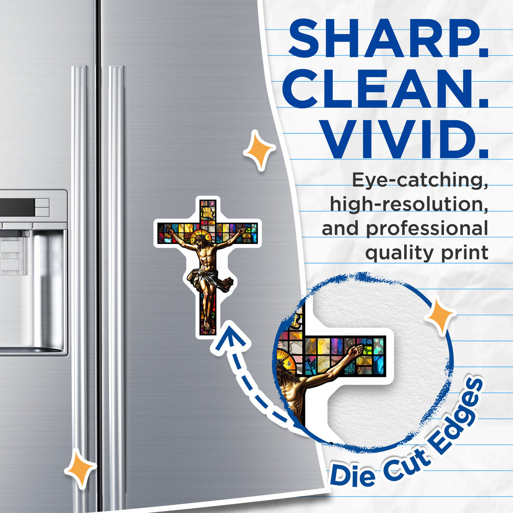 (2 Pack) Jesus Stained Glass Cross Magnets - Christian Crucifixion Art - Religious Home Accent for Faith - 5 Inches On Longest Side - Thick Durable Magnet - Made in USA - MAG36401