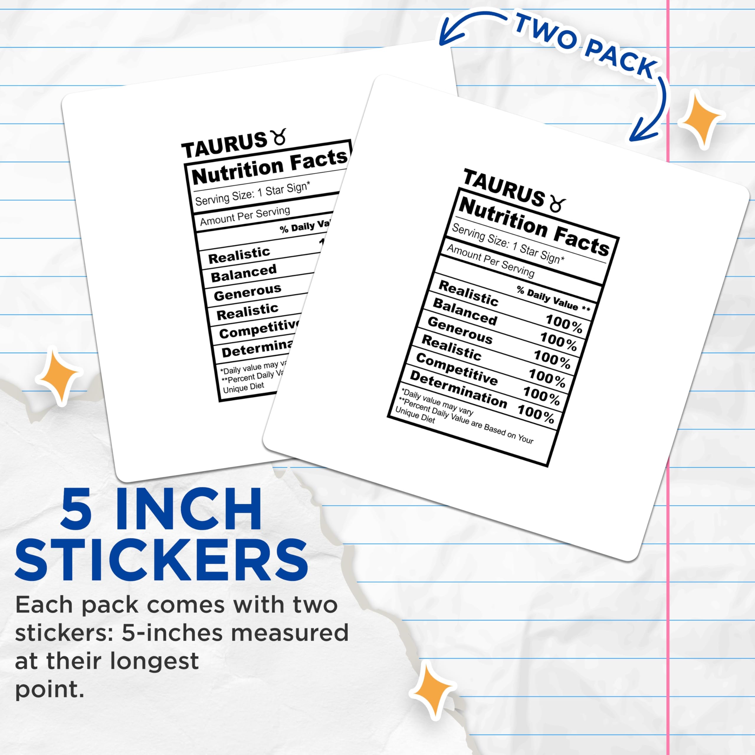 (2 Pack) Taurus Zodiac Stickers - Astrology Sign Decals - Nutrition Facts Label Style - 5" On Longest Side - Sticks to Smooth Flat Surfaces - Made in USA - BMCS14926