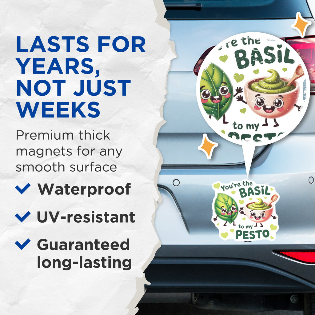 (2 Pack) Basil Pesto Magnets - Funny Food Pun - Couple Kitchen Decor - Friendship Humor - Italian Cuisine Lover - 5 Inches On Longest Side - Thick Durable Magnet - Made in USA - MAG36490