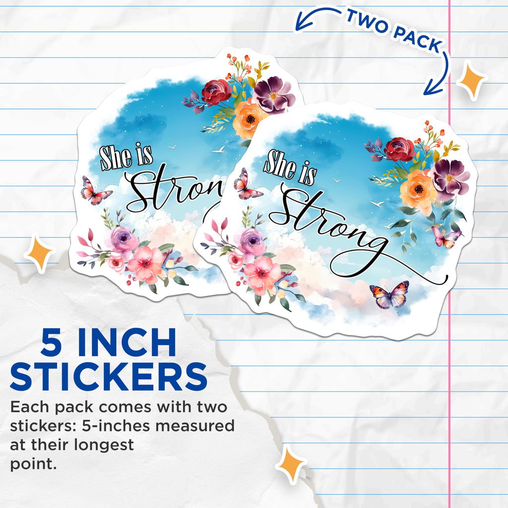(2 Pack) She is Strong Stickers - Motivational Quote - Floral Design - 5" On Longest Side - Sticks to Smooth Flat Surfaces - Made in USA - BMCS8584