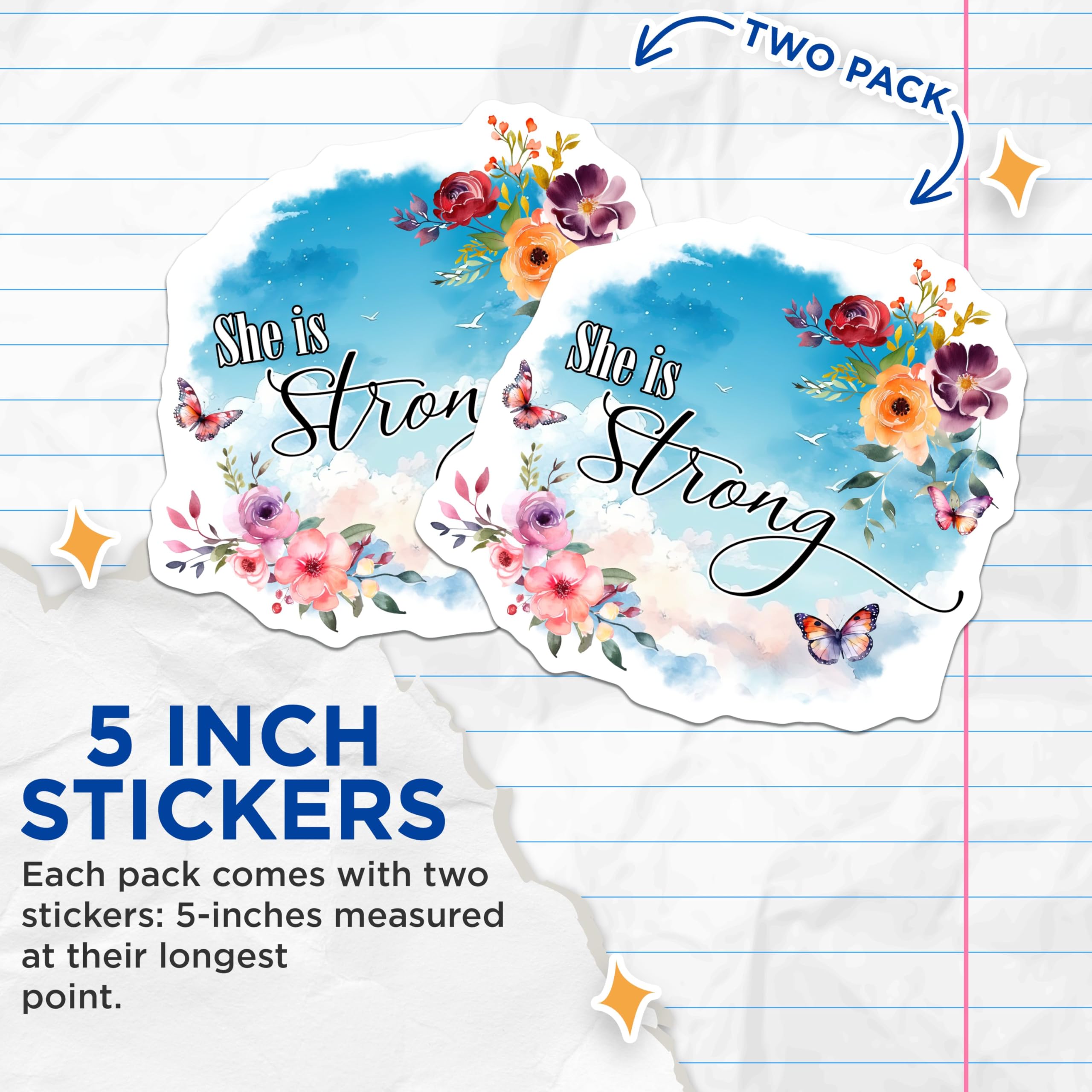 (2 Pack) She is Strong Stickers - Motivational Quote - Floral Design - 5" On Longest Side - Sticks to Smooth Flat Surfaces - Made in USA - BMCS8584