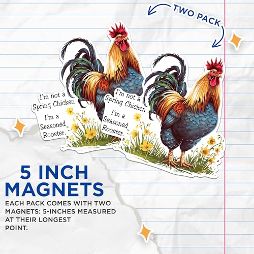 (2 Pack) Seasoned Rooster Magnets - Funny Chicken Magnets - Farm Animal Decor Magnets for Kitchen- 5" On Longest Side - for Fridges, Toolboxes, Cars - Made in USA - MAG2602