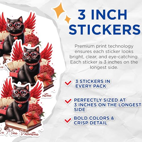 (3 Pack) Valentine Cat Decals - Heart Glasses - Winged Cat Lover - 3 Inches On Longest Side - Easy Peel & Apply - Made in USA - 3MCS1440