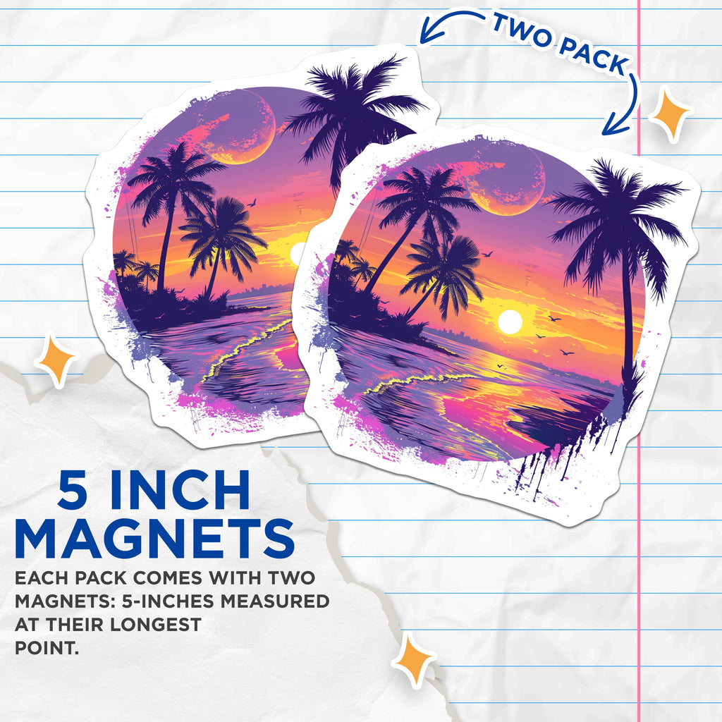 (2 Pack) Synthwave Beach Magnets - Retro Sunset Palm Tree - Vaporwave Ocean Waves Fridge - 5 Inches On Longest Side - Thick Durable Magnet - Made in USA - MAG36511