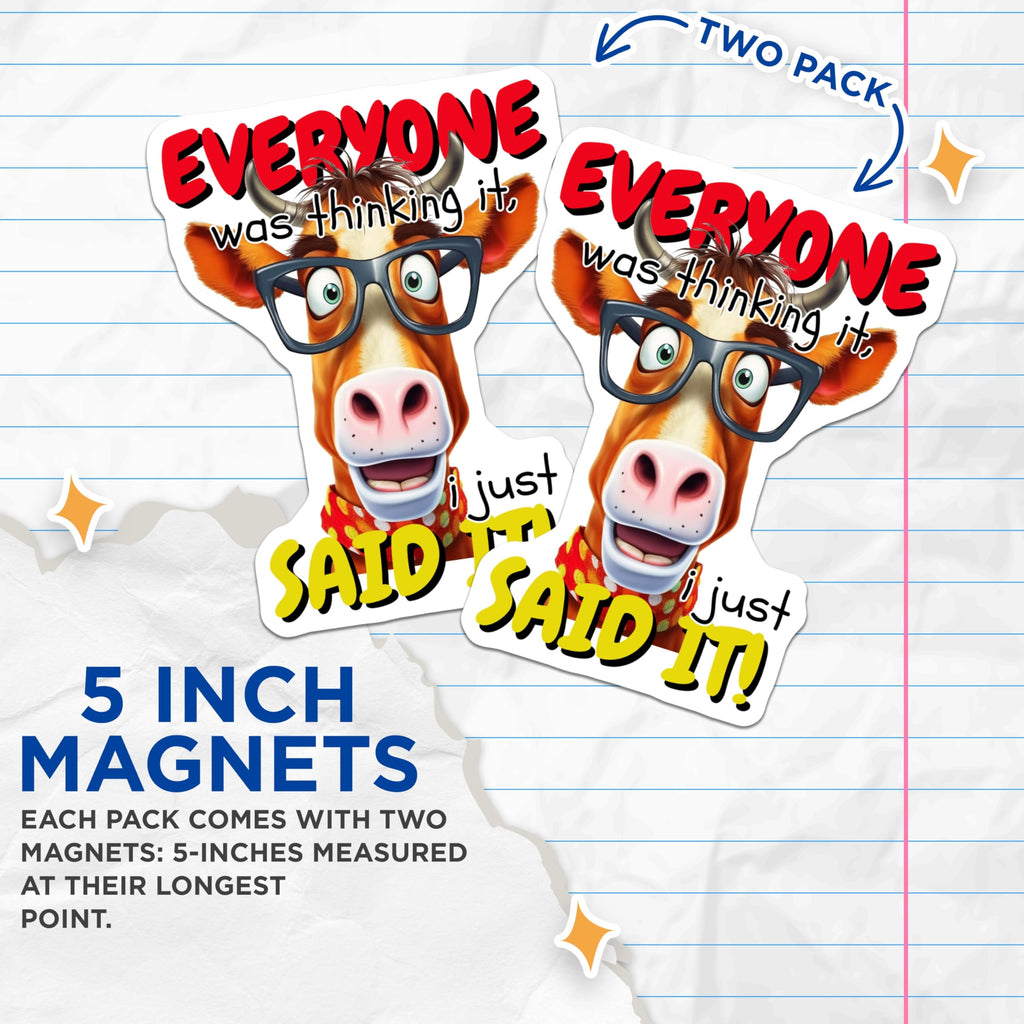 (2 Pack) Funny Cow Magnets - Outspoken Animal Design - Eyeglasses Character Art - Sarcastic Refrigerator Locker Humor - 5 Inches On Longest Side - Thick Durable Magnet - Made in USA - MAG22858