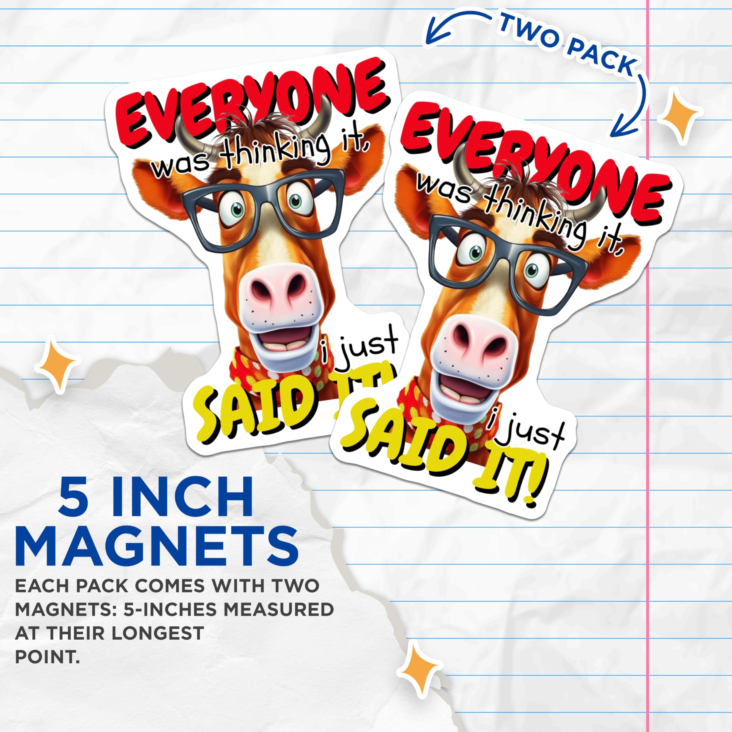 (2 Pack) Funny Cow Magnets - Outspoken Animal Design - Eyeglasses Character Art - Sarcastic Refrigerator Locker Humor - 5 Inches On Longest Side - Thick Durable Magnet - Made in USA - MAG22858