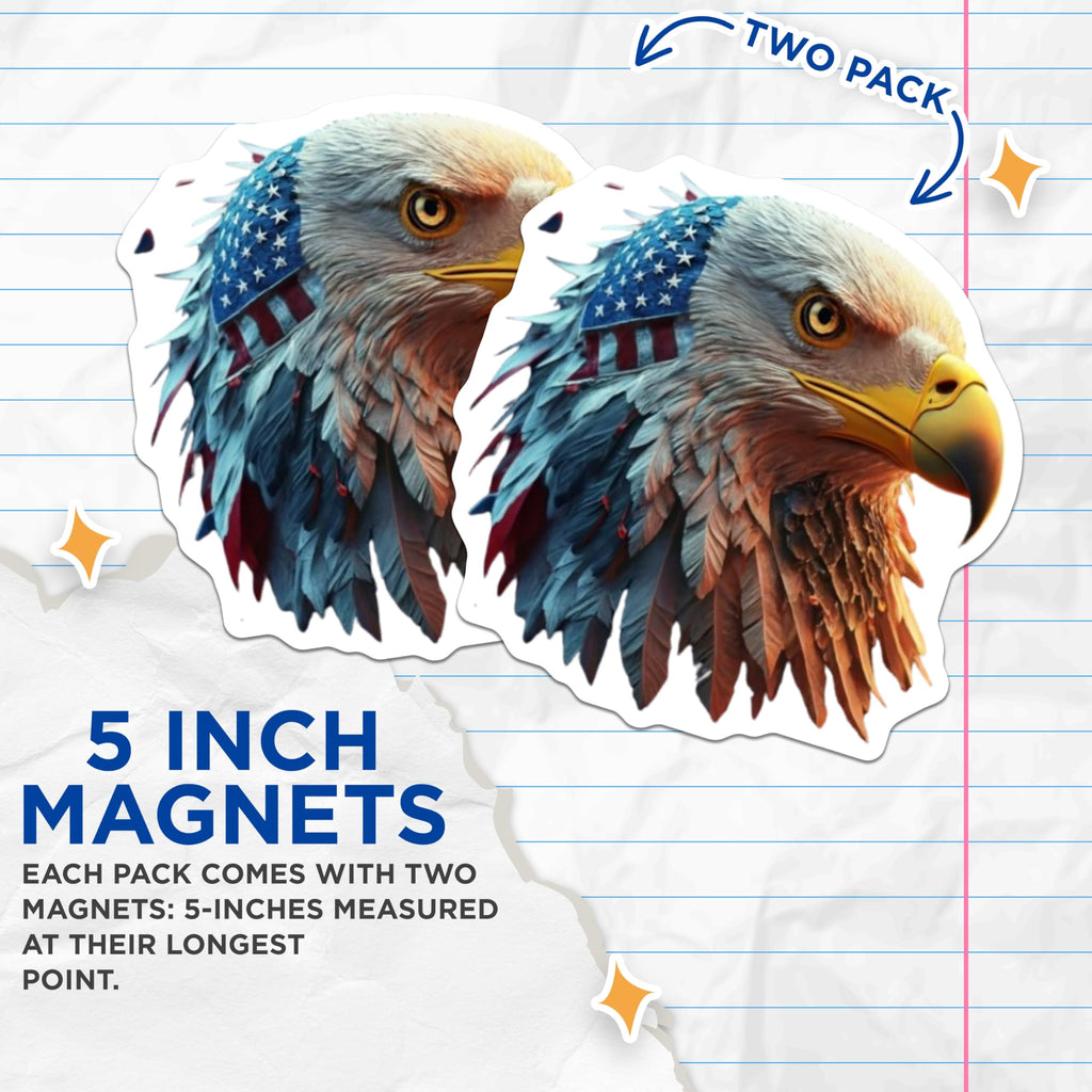 (2 Pack) Bald Eagle Magnets - American Flag Head Magnet - Patriotic USA Decor for Fridge - 5 Inches On Longest Side - Thick Durable Magnet - Made in USA - MAG20505