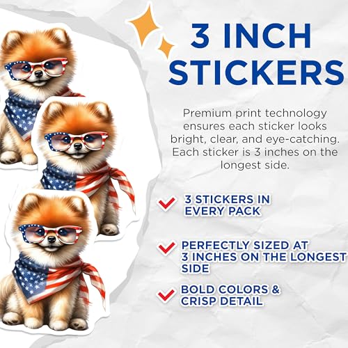 (3 Pack) Pomeranian American Flag Decals - Cute Puppy Decal - Laptop Decals - 3 Inches On Longest Side - Easy Peel & Apply - Made in USA - 3MCS6025