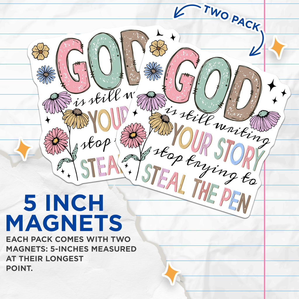 (2 Pack) God is Writing Story Magnets - Inspirational Christian Faith Reminder Decor - Refrigerator Locker Accessories - 5 Inches On Longest Side - Thick Durable Magnet - Made in USA - MAG25231