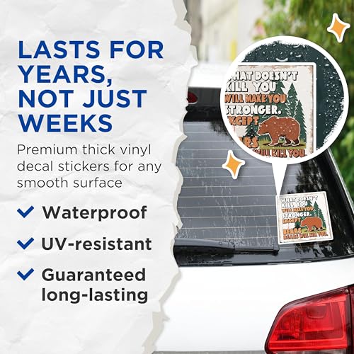 (2 Pack) What Doesn't Kill You Bear Stickers - Funny Bear Quote - Inspirational Wilderness Stickers - 5" On Longest Side - Sticks to Smooth Flat Surfaces - Made in USA - BMCS5747