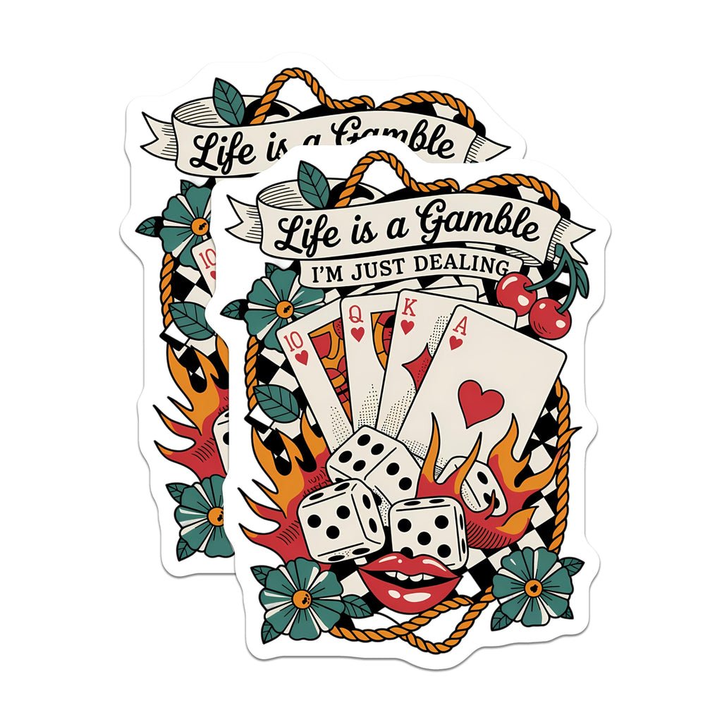(2 Pack) Gambling Magnets - Life is a Gamble Quote - Poker Dice Tattoo Art Refrigerator Decor - 5 Inches On Longest Side - Thick Durable Magnet - Made in USA - MAG21250
