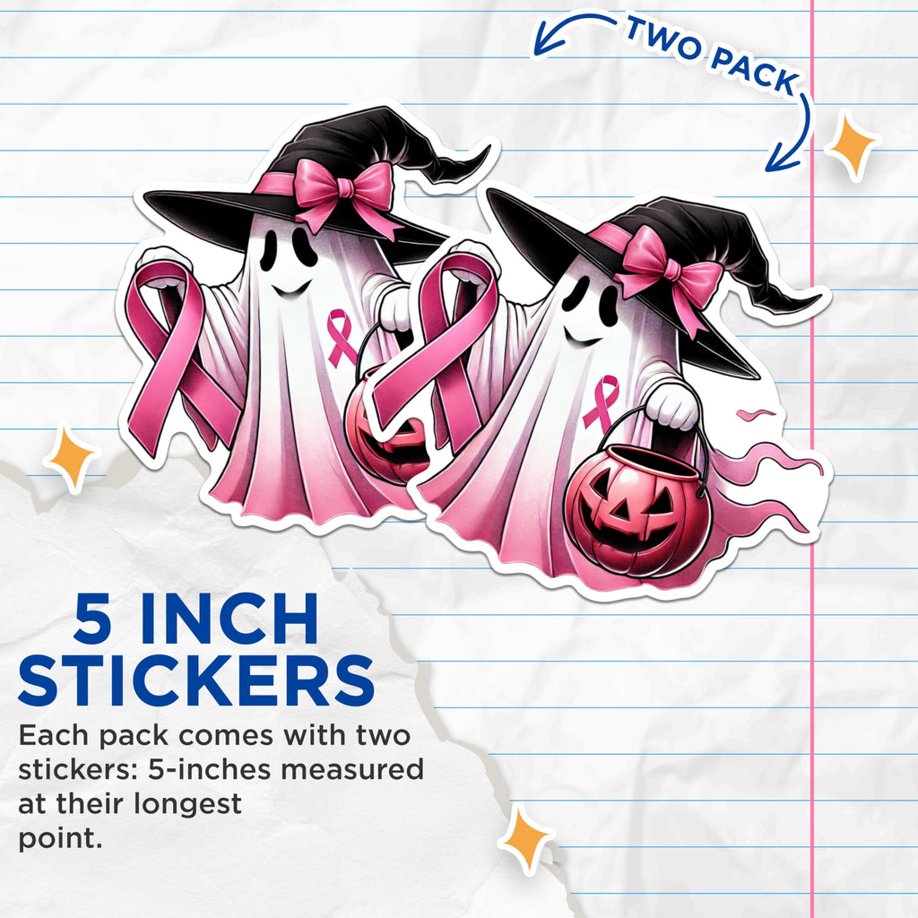 (2 Packs) Breast Cancer Awareness Pink Halloween Stickers - Ghost Wearing Pink Ribbon Decals - 5" On Longest Side - Premium Vinyl Decal - Sticks to Any Smooth Flat Surface - Made in USA - BMCS2484