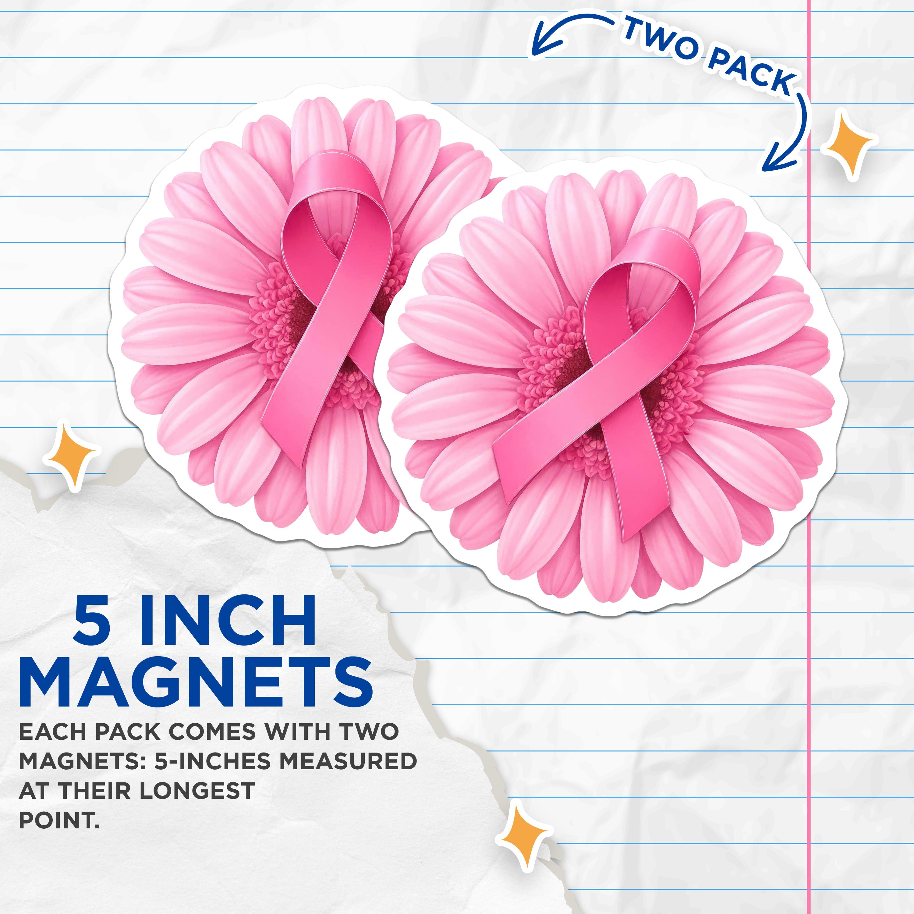 (2 Pack) Pink Ribbon Awareness Magnets - Breast Cancer Support - Floral Hope Survivor Decor - 5 Inches On Longest Side - Thick Durable Magnet - Made in USA - MAG39952